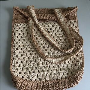 Zara Handcrafted Tan and Cream Crochet Tote Bag
